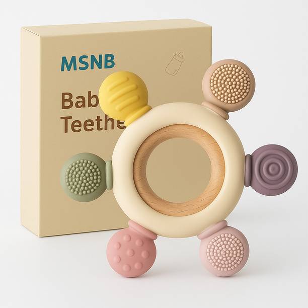 MSNB Baby Silicone Teether with Wooden Ring | BPA Free Sensory Toy for Infants Teether and Feeder