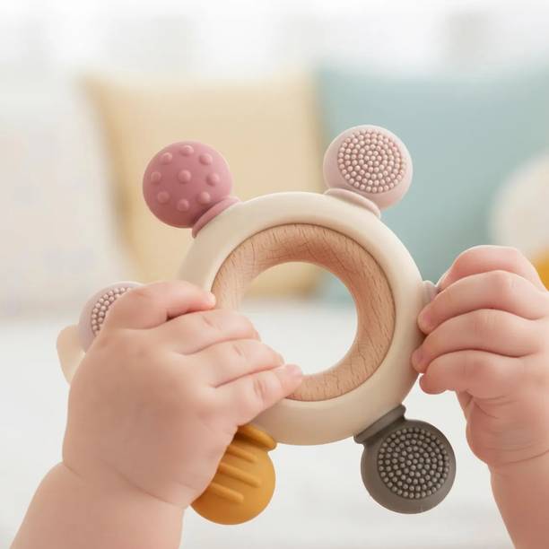 LIXAVANTA Silicone & Wooden Baby Teether Ring, BPA Free Natural Teething Toy for Infants Teether
