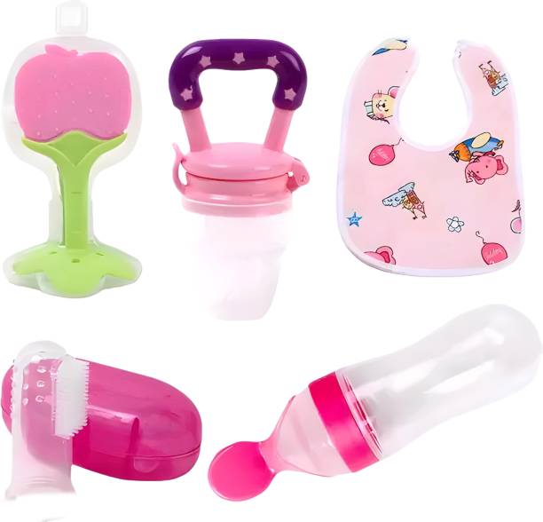 veeransh 5 Pieces Combo Set For Your New Born Babies (Multicolor) Teether and Feeder
