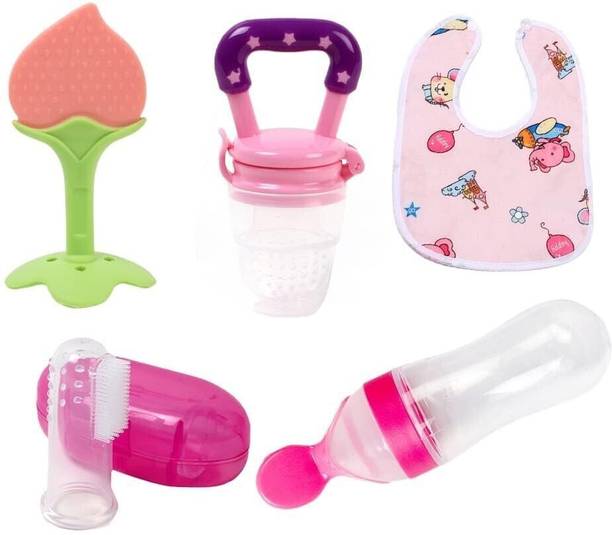 Drisona' Combo Pack of 5 Food Dispensing squeeze Spoon 90ML,Baby Finger Brush, Baby bibs Teether and Feeder