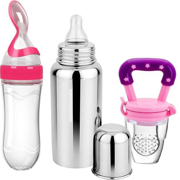 THE LITTLE BUNNY HOP IN STYLE Pack Of 3 Baby 250ml Stainless Steel Bottle | Spoon Feeder | Fruit Feeder