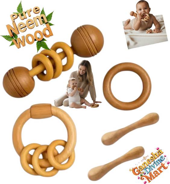 Divine Ganesha Mart Organic Pure Neem Wood Baby Rattles – Pack of 5 Safe Teething Toys Teether