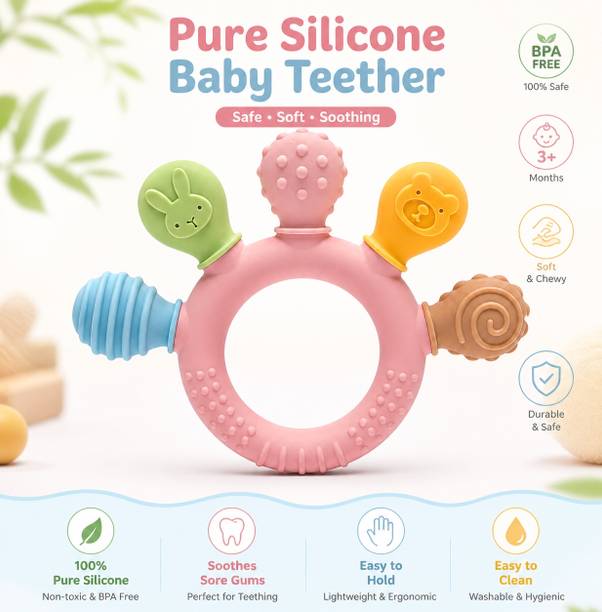 divine mart Premium Multi-Texture Silicone Baby Teether Ring | BPA-Free, Soft (3+ Months) Teether