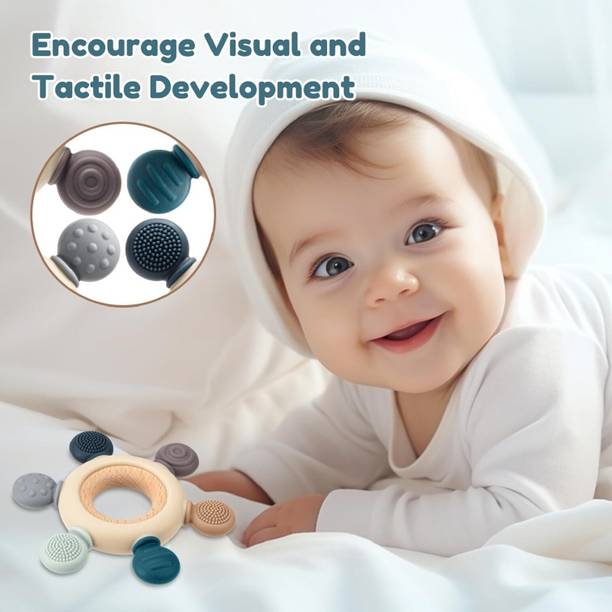 NARV Baby Teething Toys Silicone Teethers Fruit Shape Wooden Ring Soothe Babies Gums Teether