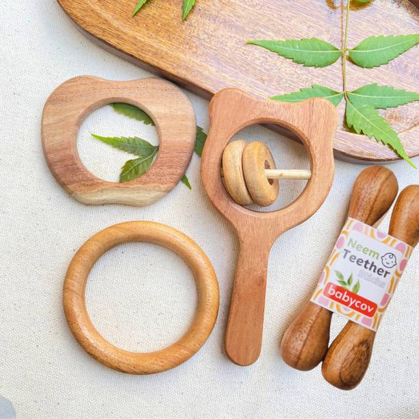 BABYCOV Natural Neem Wood Teether sets for 3+ Months Baby (Set of 3) Teether