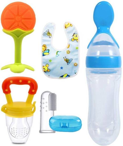 Roforuf Baby Fruit Teether, Silicone Food Feeder, Finger Toothbrush, Bib & Spoon Feeder Teether and Feeder