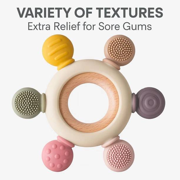 OriwarE Wooden & Silicone Baby Teether Ring – Soft Multi-Texture Teething Toy for Infant Teether