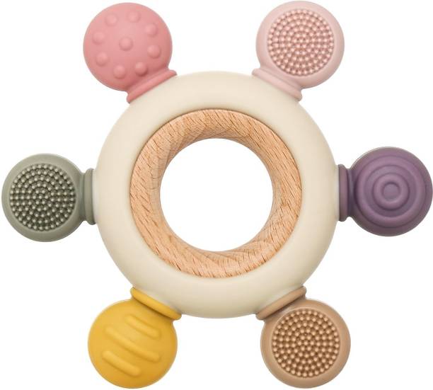 From The Farm 3+ Months 2 in 1 Silicone Baby Teething Ring Natural Neem Wooden Teething Toy Teether