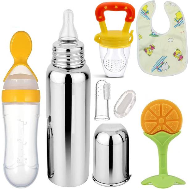 XIIAA BABY COMBO OF 6ITEMS TEETHER,BOTTLE,FEEDER,BIB.BRUSH,FRUIT FEEDER Feeder