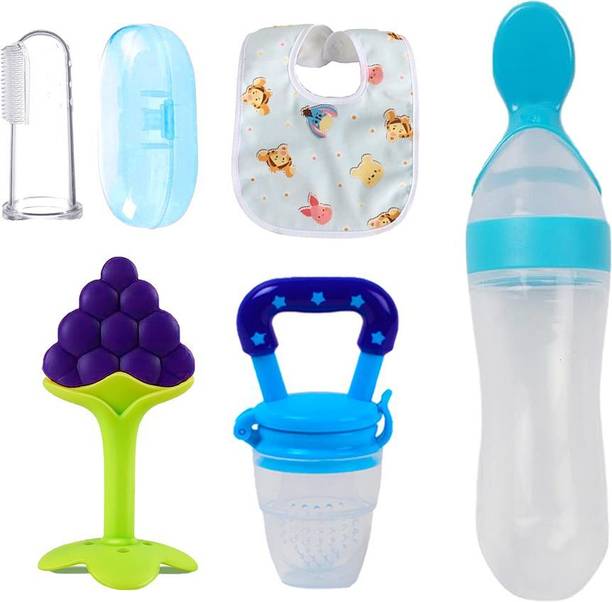 THEELEVEN Baby Fruit teether with spoon feeder, Nibbler, Fingerbrush & bib/Appron for care Teether and Feeder