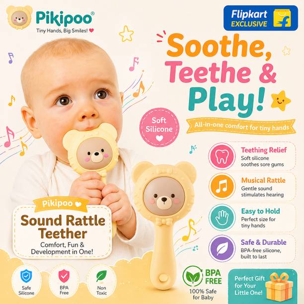 PIKIPOO Baby Teething Toys | BPA Free Silicone Baby Teether | Soft Chew Sound Rattle Teether