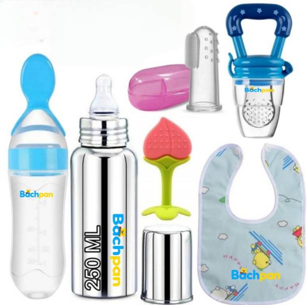 Bachpan Baby Feeding Combo Kit | Stainless Steel Bottle, Spoon, Teether, Bib Set Teether and Feeder