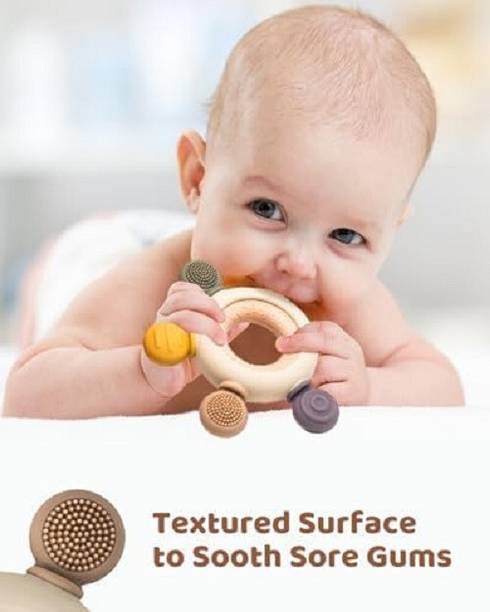 NARV Baby Teething Toys Silicone Teethers Fruit Shape Wooden Ring Soothe Babies Gums Teether