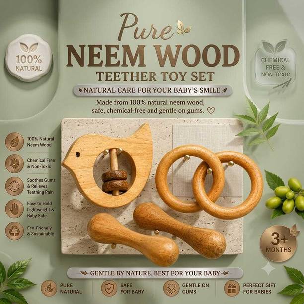 Shreeja World Natural Wooden Baby Teether Set of 5 Antibacterial Teether