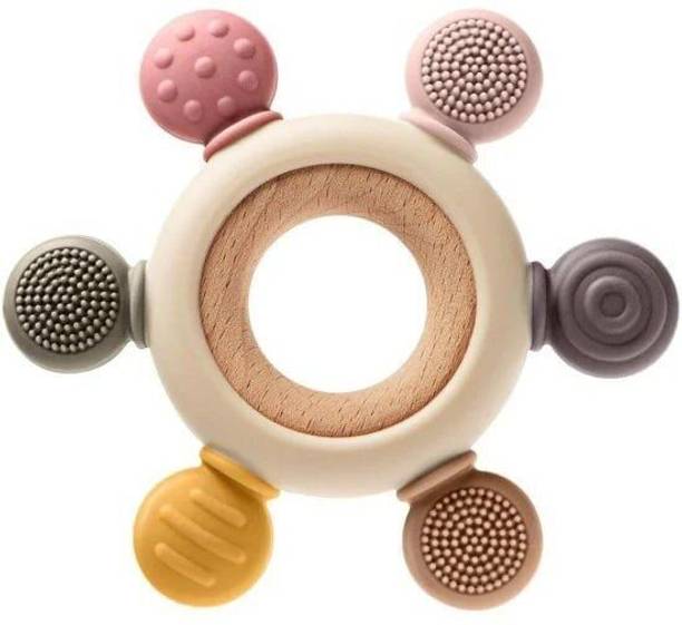 rcomena Baby Silicone & Wooden Teether Ring with Textured Biting Surfaces Teether