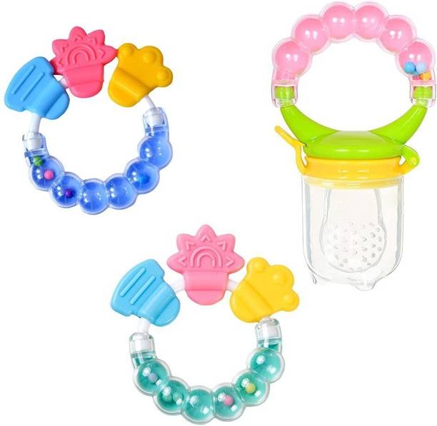 The Cheeky Kidzz Baby 2 Ring Teethers Toys for BPA-Free Non-Toxic With 1 Fruit Nibbler Teether and Feeder
