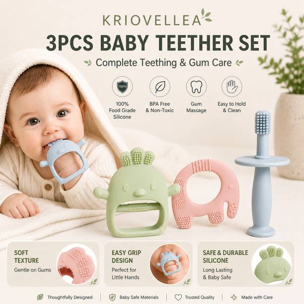 KRIOVELLEA 3PCS Baby Teether Set Silicone BPA Free Teething Toy for 6+ Months Teether