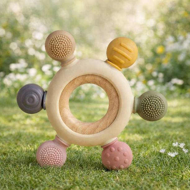 cropito Baby Teether Ring Wooden & Silicone,BPA Free Soft Chewing Toy for Infants Teether