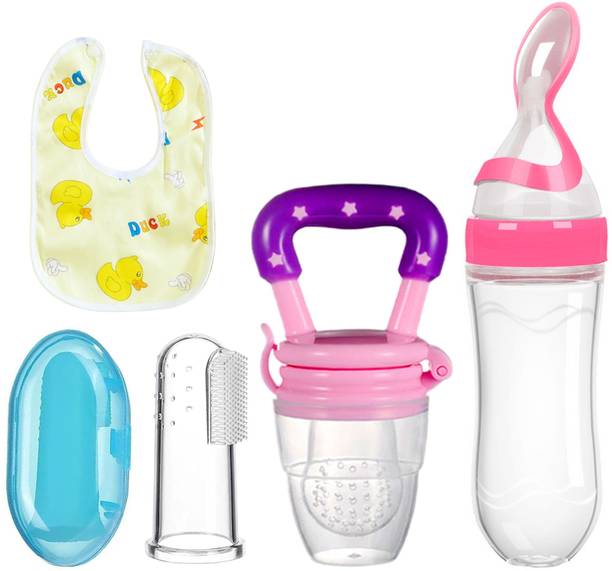 THE LITTLE BUNNY HOP IN STYLE Pack of 4 Baby Spoon Feeding Bottle, Baby Bib, Finger Brush, Fruit Feeder