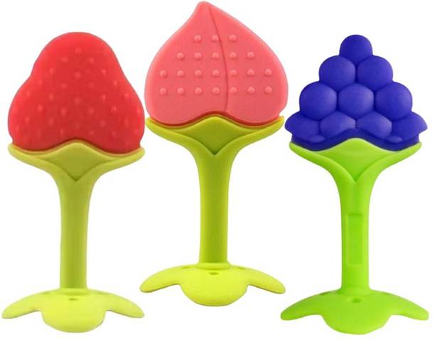 Roforuf Fruit Shape Silicone Teether Set for Babies Pack of 3 Teether and Feeder