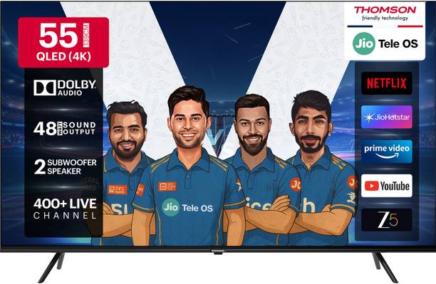 Thomson 139 cm (55 inch) QLED Ultra HD (4K) Smart JioTele OS TV with 48W Sound Output | 2 Speaker | 450 Nits Brightness | Dolby Audio | Multilingual Voice Assistant | 300+ free live TV channels | 300+ JioGames | Web Browser | Sports Mode | Bezel Less Design