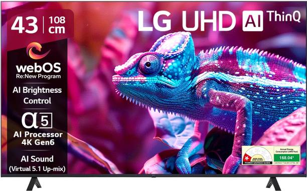 LG AI TV UR7500 108 cm (43 inch) Ultra HD (4K) LED Smart WebOS TV 2025 Edition with Alpha5 AI Processor 4K Gen6 125+ Free LG Channels 4K Upscaling AI Brightness Control AI Sound (Virtual Surround 5.1 Up-mix) FTA Satellite Port Magic Remote Compatible 60Hz Refresh Rate Alexa Built In Works with Apple Air Play