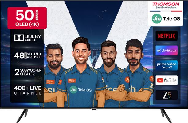 Thomson 126 cm (50 inch) QLED Ultra HD (4K) Smart JioTele OS TV 2025 Edition with 48W Sound Output | 2 Speaker | 450 Nits Brightness | Dolby Audio | Multilingual Voice Assistant | 300+ free live TV channels | 300+ JioGames | Web Browser | Sports Mode | Bezel Less Design