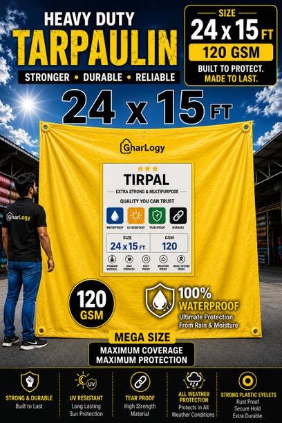 GharLogy Premium Quality 24x15Ft Yellow Tirpal 120 GSM Waterproof RainProof Outdoor Tent - For Agriculture Use, Roof Covering, Warehouse Storage, Vehicle Protection