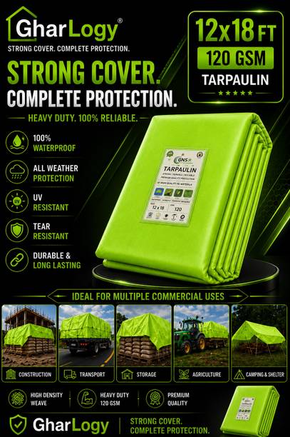 GharLogy 12x18 Ft 120 GSM All Weather Waterproof Green Tarpaulin Tirpal Tent - For Agriculture Use, Roof Covering, Warehouse Storage, Vehicle Protection