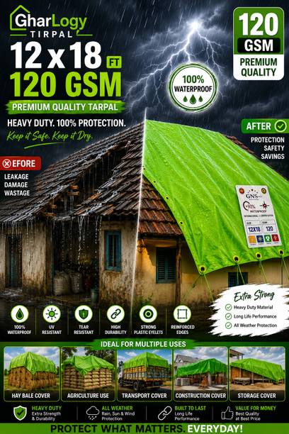 GharLogy 12x18 Ft 120 GSM Premium Tarpaulin Sheet Strong Waterproof Green Tirpal Tent - For Agriculture Use, Roof Covering, Warehouse Storage, Vehicle Protection