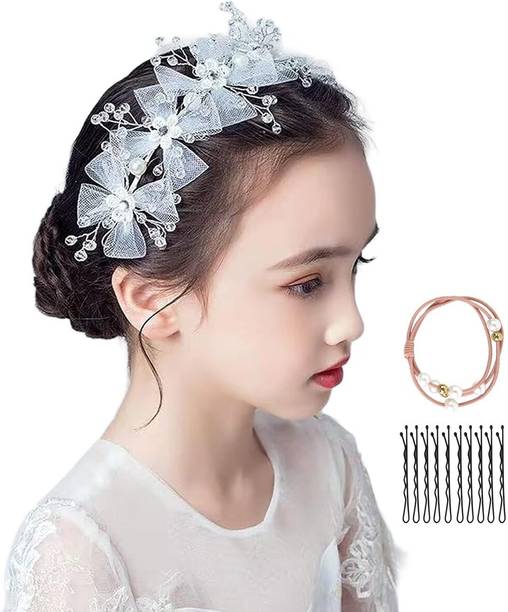 HANNEA Flower Girl Hairband White Floral Crown Pearl Headband for Kids Girls Hair Band