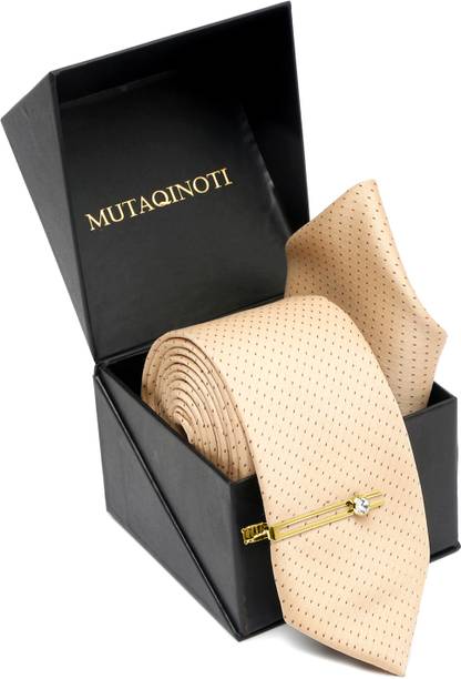 MUTAQINOTI Dotted Cream Italian Style Silk Necktie Set With Pocket Square & Gold Tie Pin Polka Print Tie
