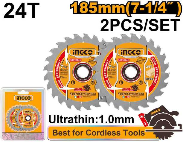 INGCO 2 Pcs Ultra-thin TCT Saw Blades, 185mm 24T Suitable for Lithium-ion Circular Saw Handheld Tile Cutter