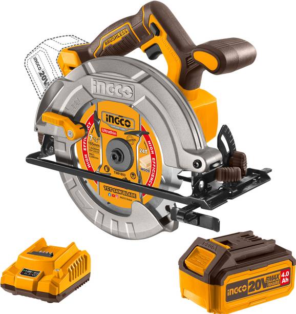 INGCO Cordless Brushless Circular Saw with a 185mm Saw Blade 4.0Ah Battery and Charger Handheld Tile Cutter