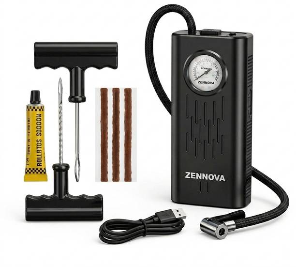 Zennova Tyre Inflator Air Pump with Puncture Kit 60 psi Tyre Air Pump for Car & Bike