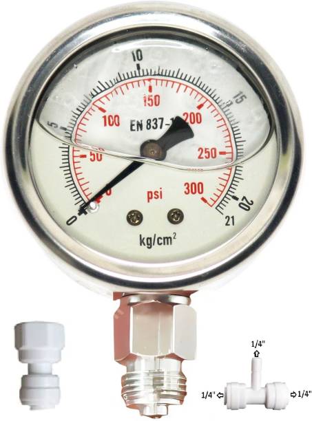 BALRAMA RO Water Purifier 350 PSI Pressure Gauge for Motor Pump with Back Connection for Panel Mounting PSI Liquid Water Meter Tester + 1/4 inch Fittings (Diameter: 2.5 inch) (Range: 0-25 kg/cm2) Watermeter