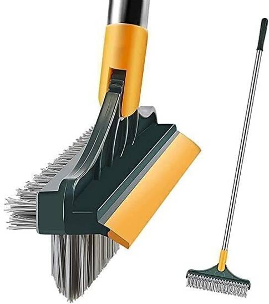 VEWIKZY 3 in 1 Bathroom with Wiper, Tiles Cleaning Brush with Handle Microfibre Wet and Dry Brush