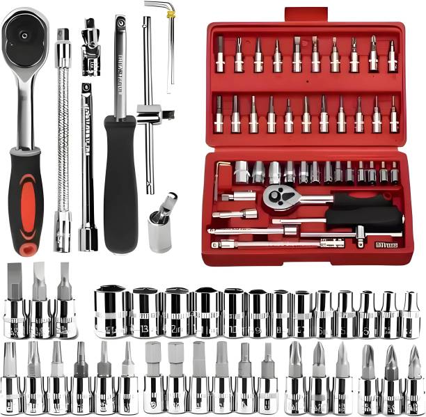 Joyful Junction 46PCS Sockets, Extension Bars, Mechanic Tool Kits for Household Auto Repair Set Tool Box