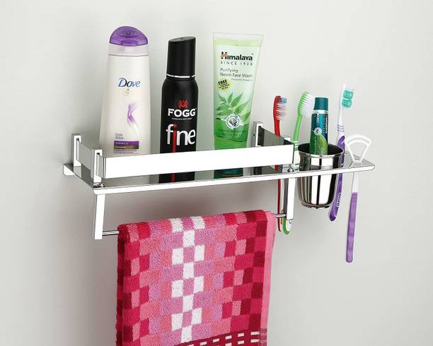 Pillu High Grade Stainless Steel 3 in 1 Multipurpose Bathroom Shelf/Rack/Towel Hanger/Tumbler Holder/Bathroom Accessories Stainless Steel Toothbrush Holder