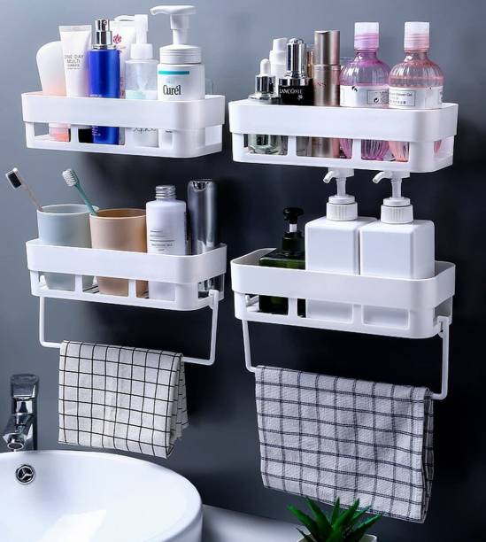 Laxical Pack of 6 Plastic Rectangular Multipurpose Wall Shelves with Towel Hanger(White) Plastic Toothbrush Holder
