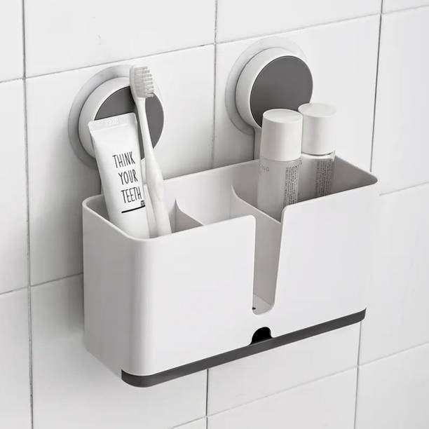 Linear Plastic Self Adhesive Wall Mount Toothbrush Holder with Drain Tray for Bathroom Plastic Toothbrush Holder
