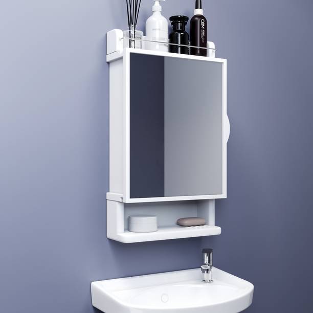 GLOXY Bathroom Wall Mirror Cabinet with Soap/Toothbrush Holder/Rack/Organizer/Storage Plastic Wall Mount Cabinet