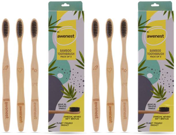 awenest Bamboo Toothbrush with Charcoal Activated Soft Bristles| Treated with Neem Oil | Extra Soft Toothbrush