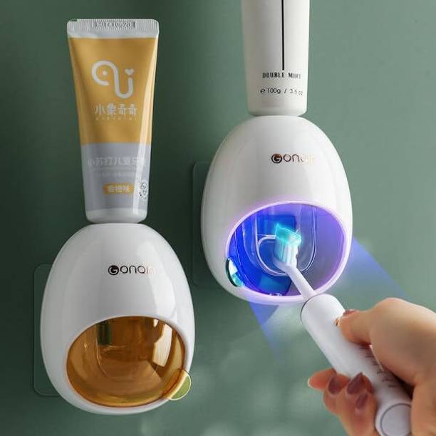 Mezulot Wall Mounted Automatic Toothpaste Squeeze, Bathroom Toothpaste Dispenser Plastic Toothbrush Holder
