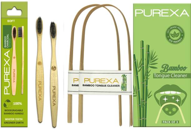 PUREXA Bamboo Charcoal Toothbrush With Bamboo Tongue Cleaner Extra Soft Toothbrush