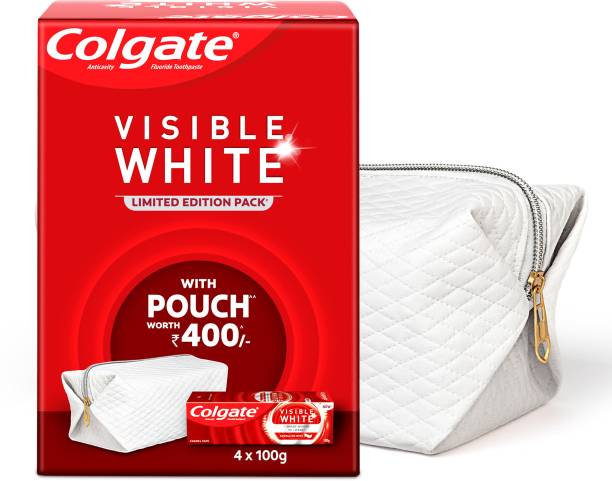 Colgate Visible White Toothpaste (100g x 4pcs) with Premium Travel pouch Toothpaste