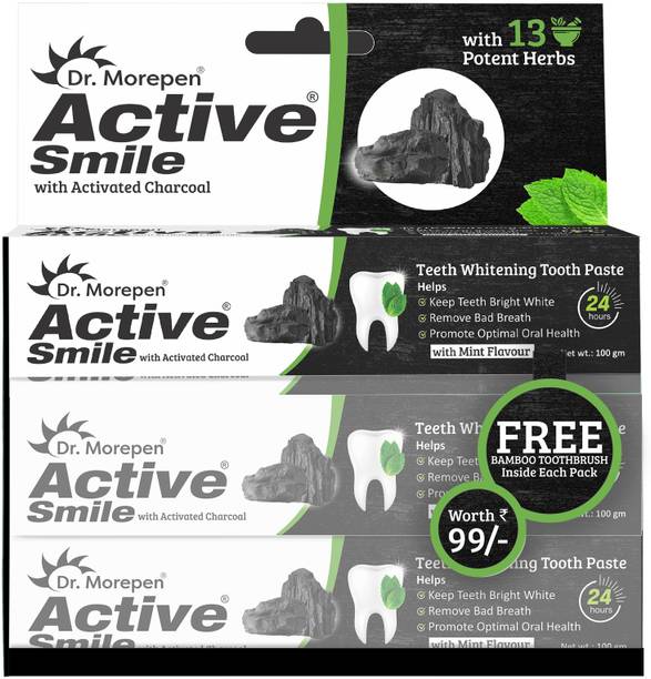 Dr. Morepen Active Smile Charcoal Toothpaste with Bamboo Brush Pack of 6 Toothpaste