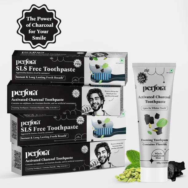 Perfora Activated Charcoal (100g x 4) Cardamom Mint, SLS Free Teeth Whitening Toothpaste