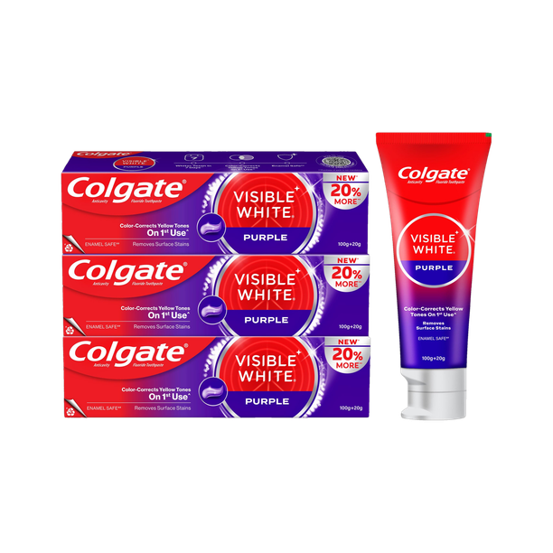 Colgate Visible White Purple Toothpaste Color-Corrects Yellow Tones on 1st Use^ 120gx3pc Toothpaste