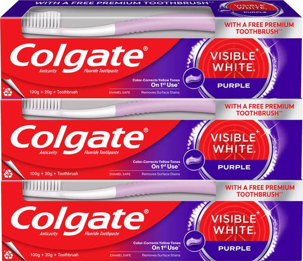 Colgate Visible White Purple Toothpaste Color-Corrects Yellow Tones on 1st Use^ 120gx3pc Toothpaste